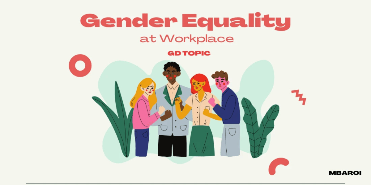 Man and women standing in harmony with text Gender Equality at Workplace