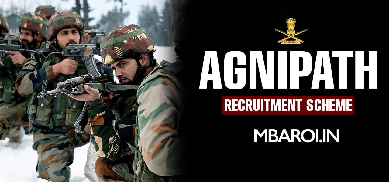 Indian soldiers in uniform aiming rifles with text highlighting Agnipath recruitment scheme by the Indian Army
