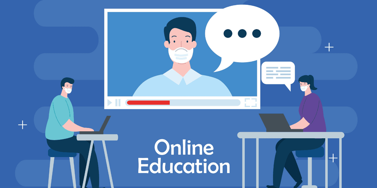 Online education, students taking class while wearing mask