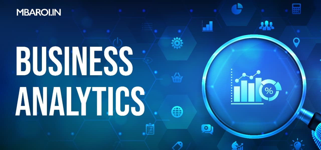 Business Analytics concept illustration with magnifying glass highlighting data charts and graphs on a blue digital background