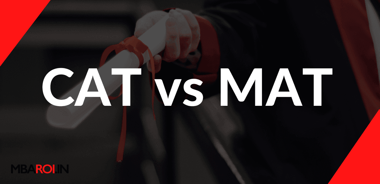 Hand holding a graduation certificate with bold text CAT vs MAT on a dark background