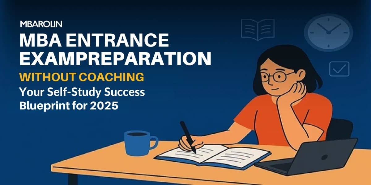 Student studying for MBA entrance exam with books and laptop