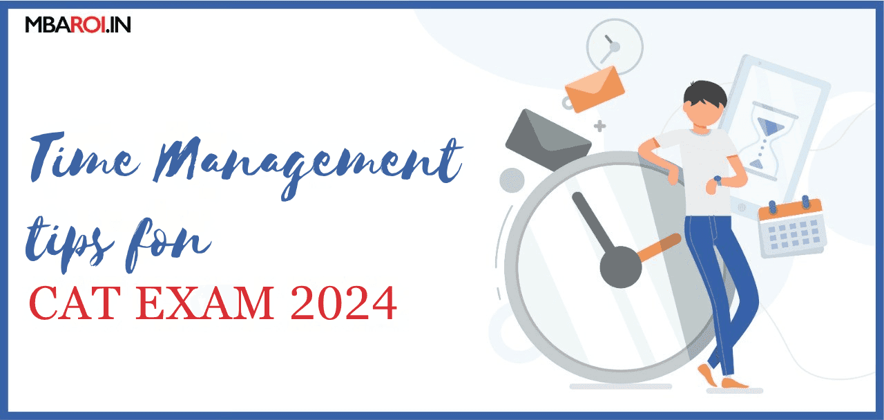 Illustration of a student with a giant clock and icons, with text Time Management tips for CAT Exam 2024