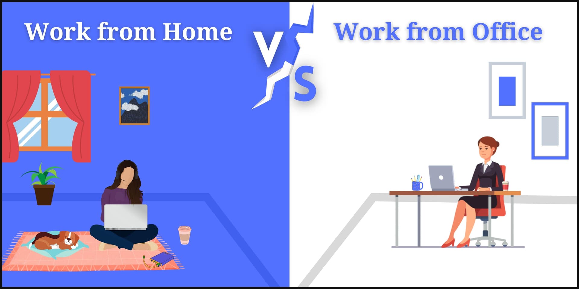 Illustration comparing work from home vs work from office 