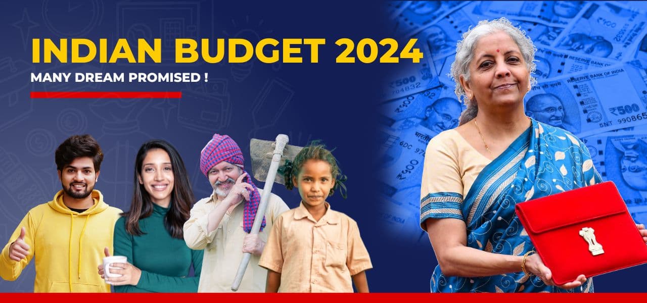 Finance Minister Mrs. Nirmala Sitaraman with text Indian Budget 2024