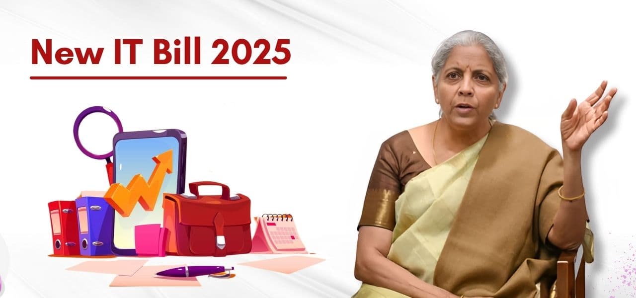 Indian Finance Minister Mrs. Nirmala Sitaraman with text New IT Bill 2025
