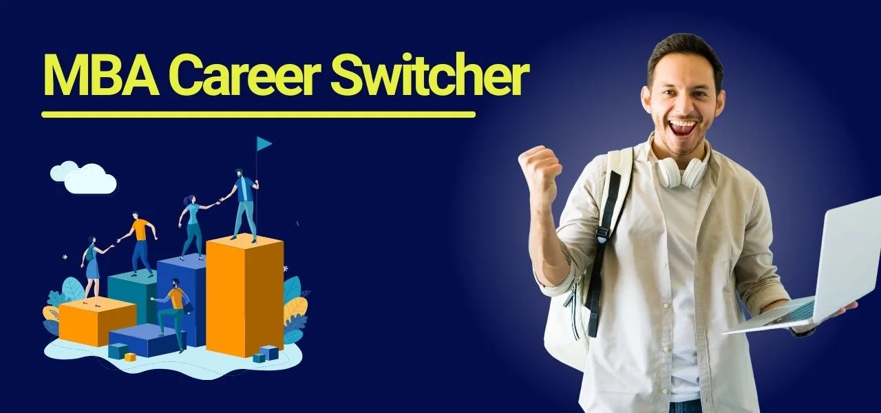 MBA career switcher concept showing a professional celebrating success with a laptop, symbolizing how an MBA helps in career transformation and growth.