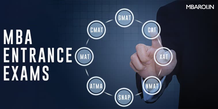 MBA Entrance Exams illustration showing GMAT, CAT, XAT, NMAT, SNAP, ATMA, MAT, and CMAT in a circular flow with a businessman pointing