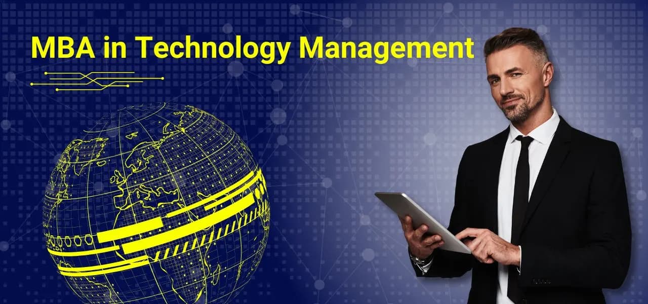 Professional with tablet representing MBA in Technology Management on digital background