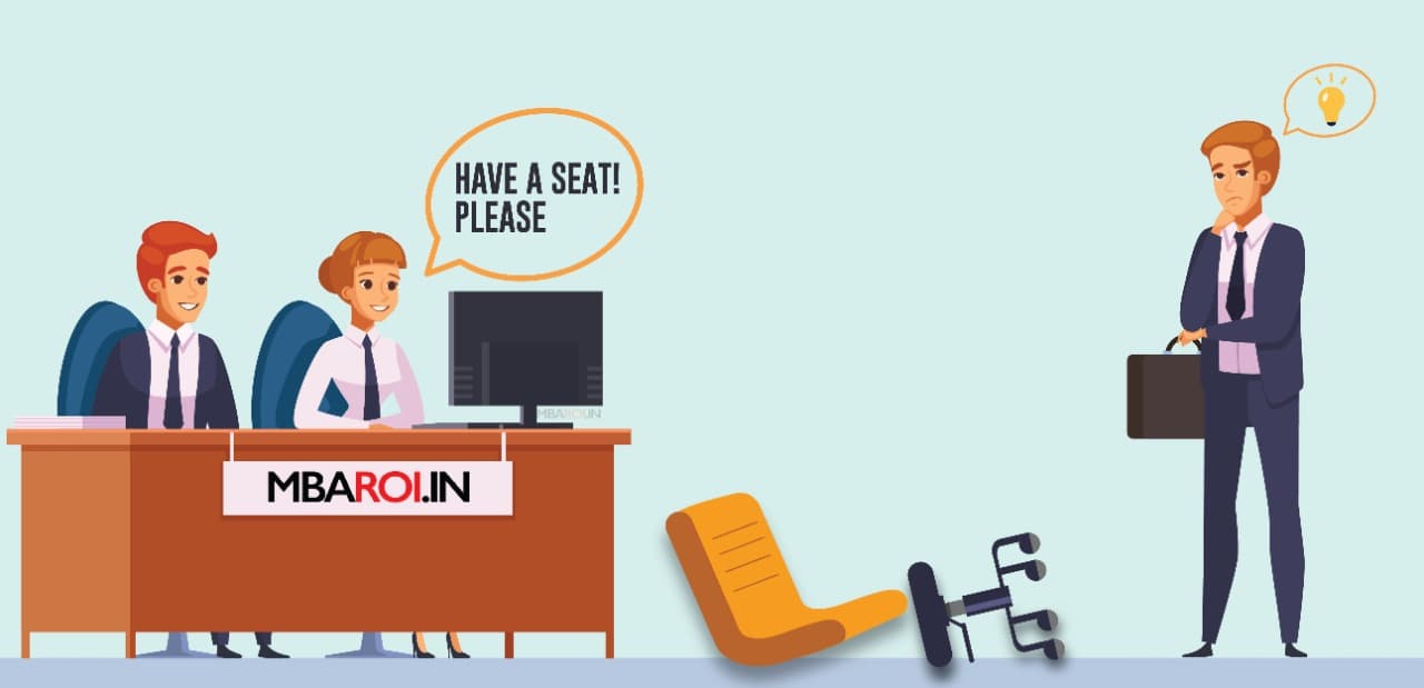 Cartoon illustration of interviewers at a desk asking a candidate to have a seat, with a broken chair in front