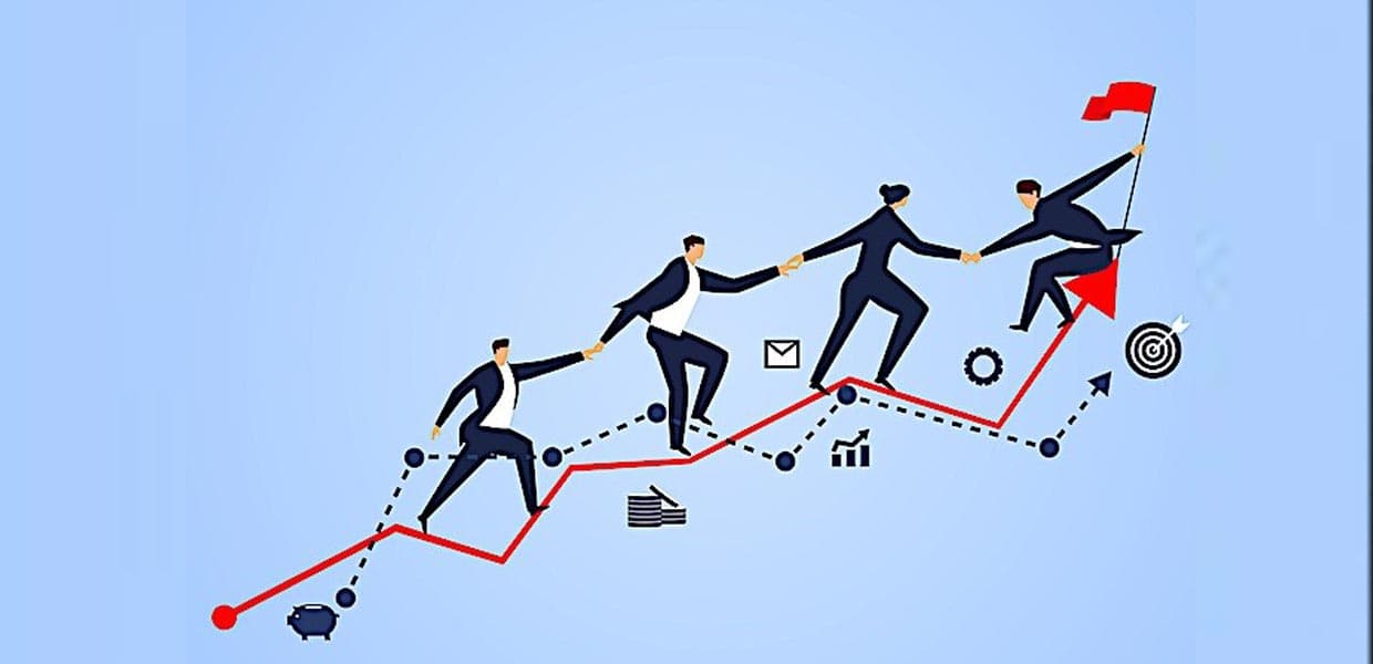 Illustration of business professionals climbing a red growth line graph, helping each other reach a flag symbolizing success
