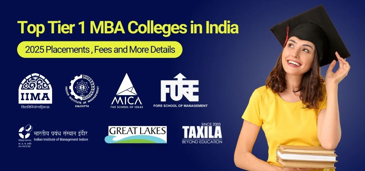 Top Tier 1 MBA colleges in India 2025 with details on placements, fees, and rankings – featuring IIM Ahmedabad, IIM Calcutta, IIM Indore, MICA, FORE, Great Lakes, and Taxila.