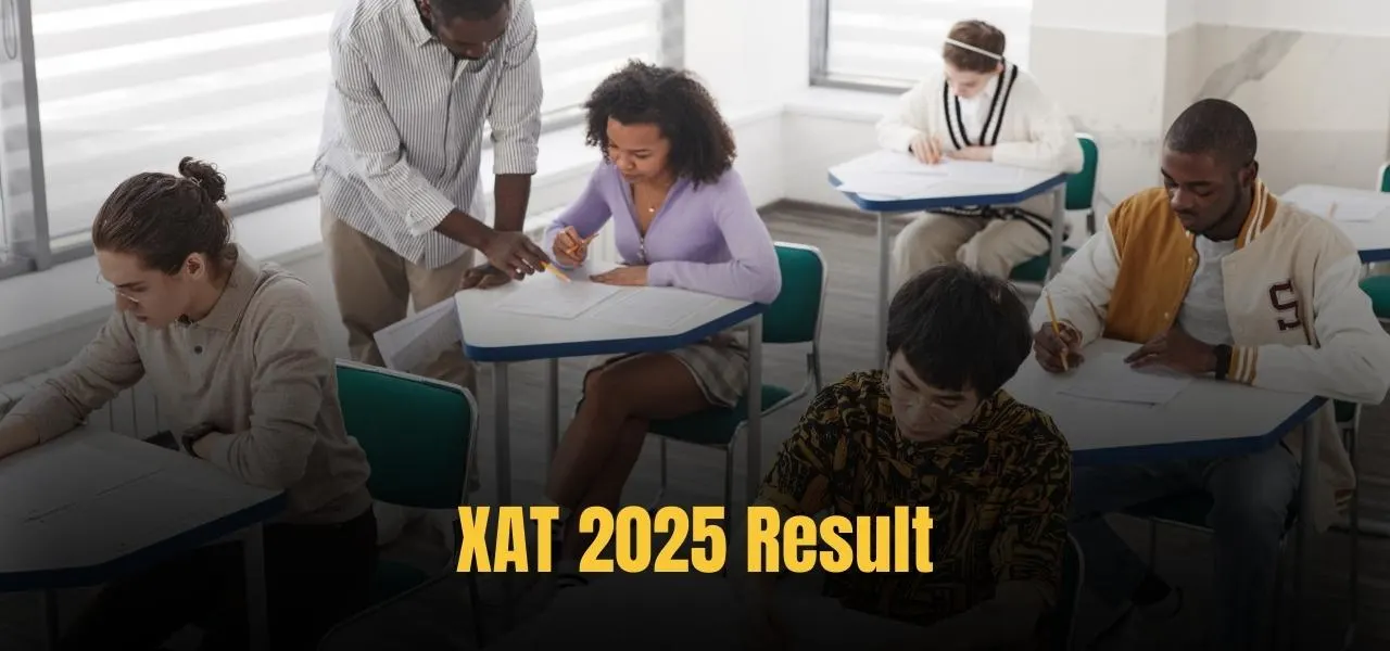 XAT 2025 result announcement – students writing exams in a classroom setting, highlighting Xavier Aptitude Test result updates