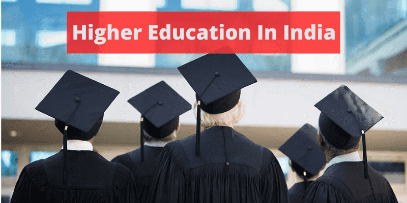 Group of students wearing graduation caps and gowns with banner text Higher Education in India