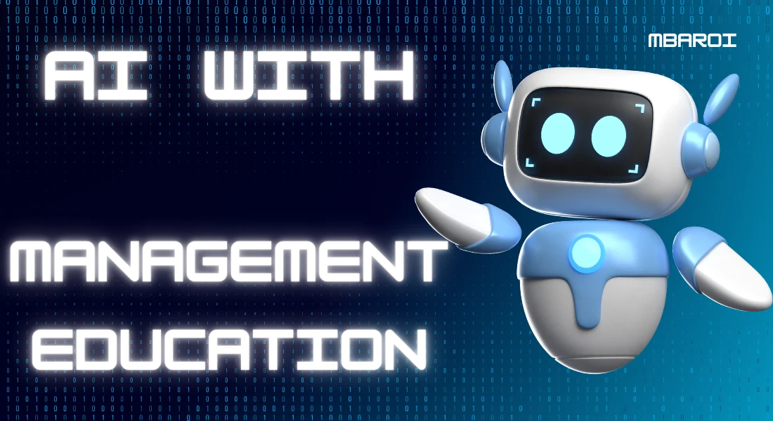 AI with management education – futuristic robot showcasing the role of artificial intelligence in MBA and business management learning