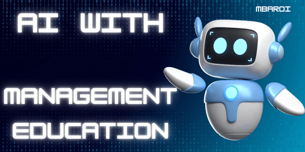 AI with management education – futuristic robot showcasing the role of artificial intelligence in MBA and business management learning