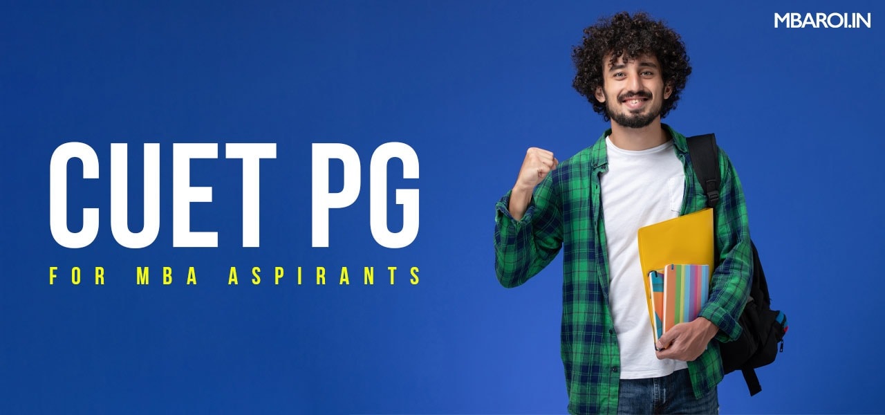 Smiling student holding books and a backpack with text CUET PG for MBA aspirants on a blue background