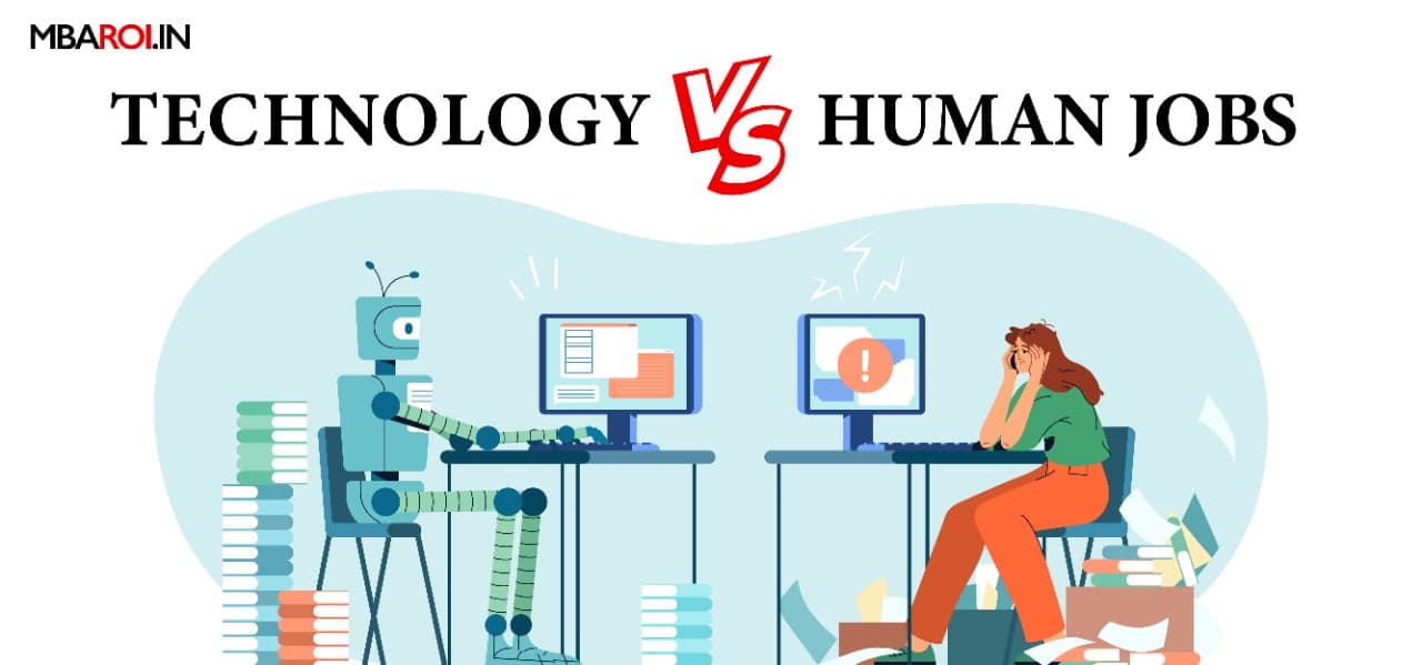 Impact of Technology on Jobs depicted by Robot and human sitting facing each other