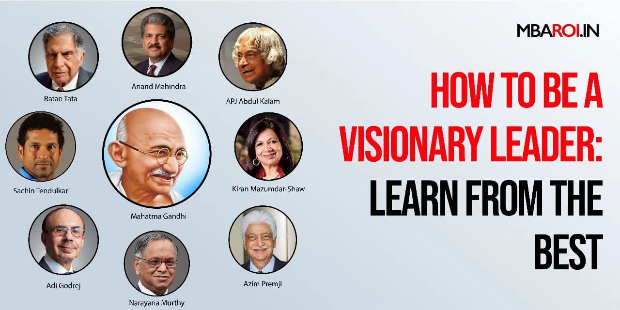 How to be a visionary leader guide with portraits of famous Indian leaders and innovators