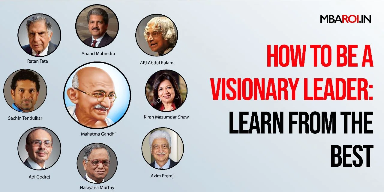How to be a visionary leader guide with portraits of famous Indian leaders and innovators