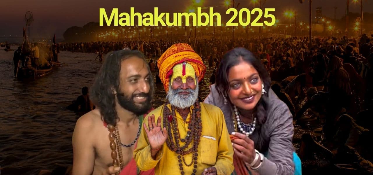 Indian Priests with text Mahakumbh 2025