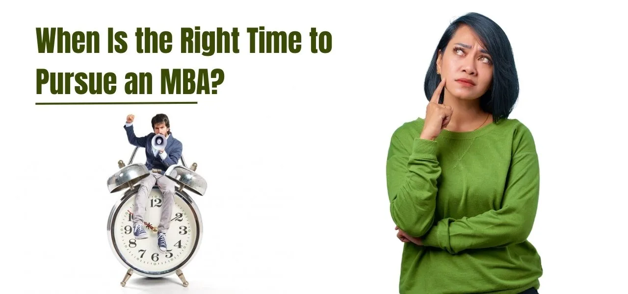 Woman thinking about the right time to pursue an MBA, with alarm clock and question graphic