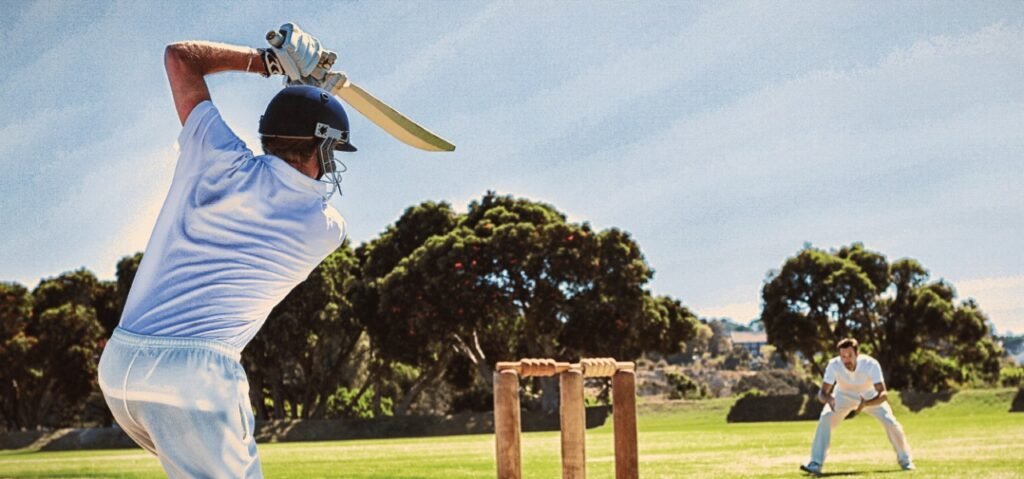 Two men playing cricket